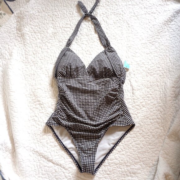 Draper James Other - Draper James Navy Gingham Seersucker Draped Halter Swimsuit